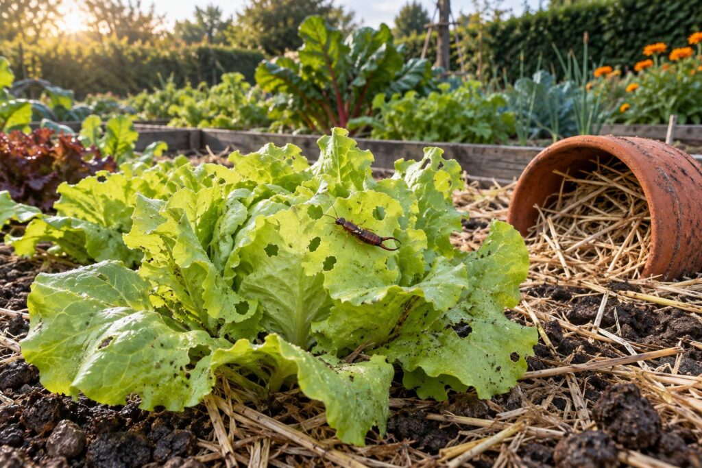 Forficule sur une feuille de laitue percee dans un potager, pot de terre retourne comme piege