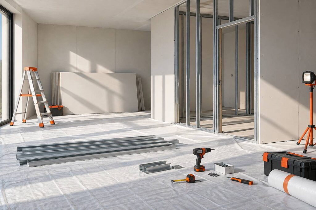 Plaques de platre et cloison en ossature metallique dans un interieur en chantier