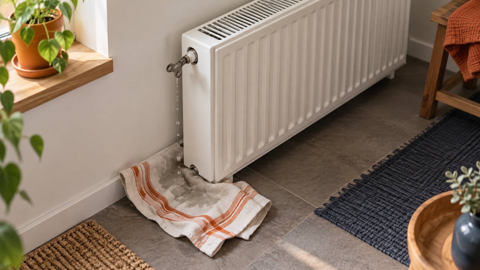Robinet de radiateur avec cle de purge et gouttes d'eau