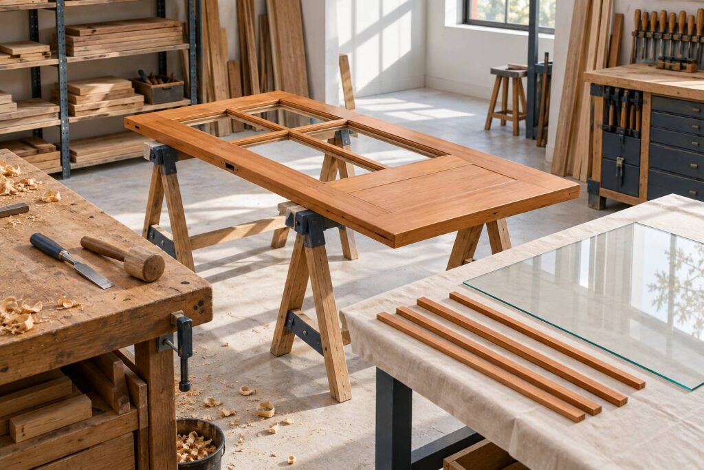 Porte à parcloses sur tréteaux avec baguettes retirées et vitre claire
