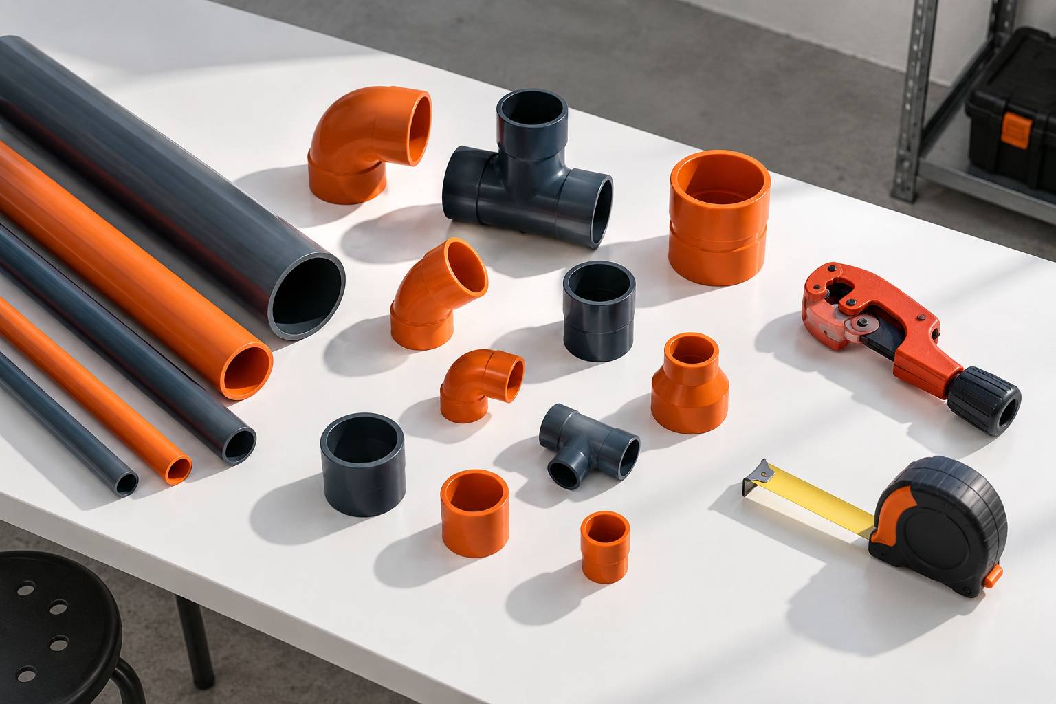 Raccords a emboitement et tubes de plomberie poses sur un plan de travail