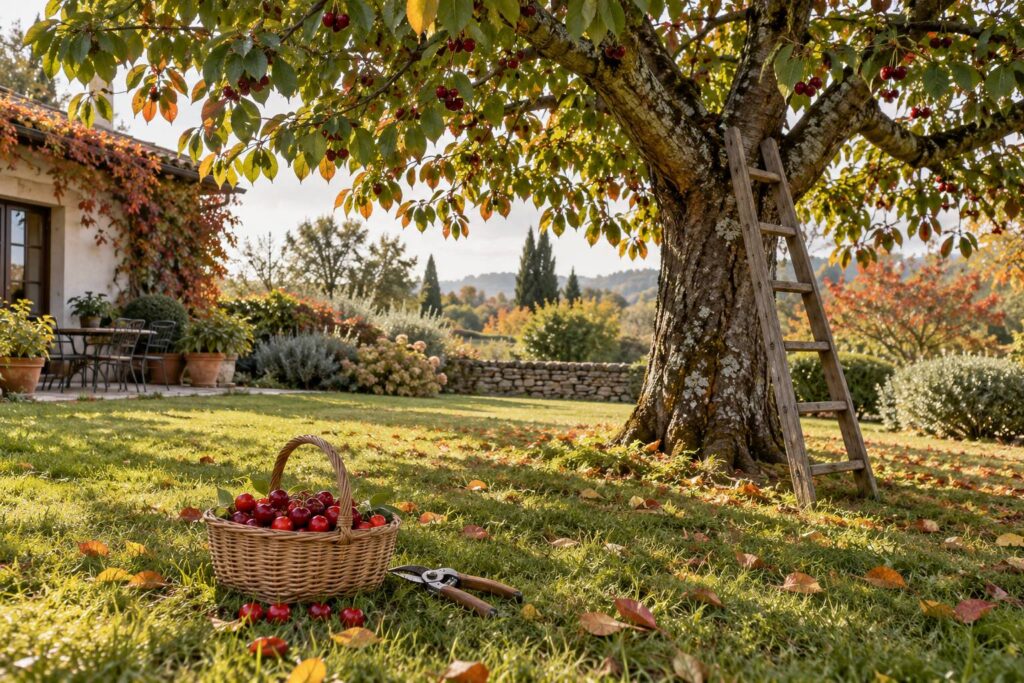 Cerisier adulte dans un jardin avec échelle, panier de cerises et sécateur