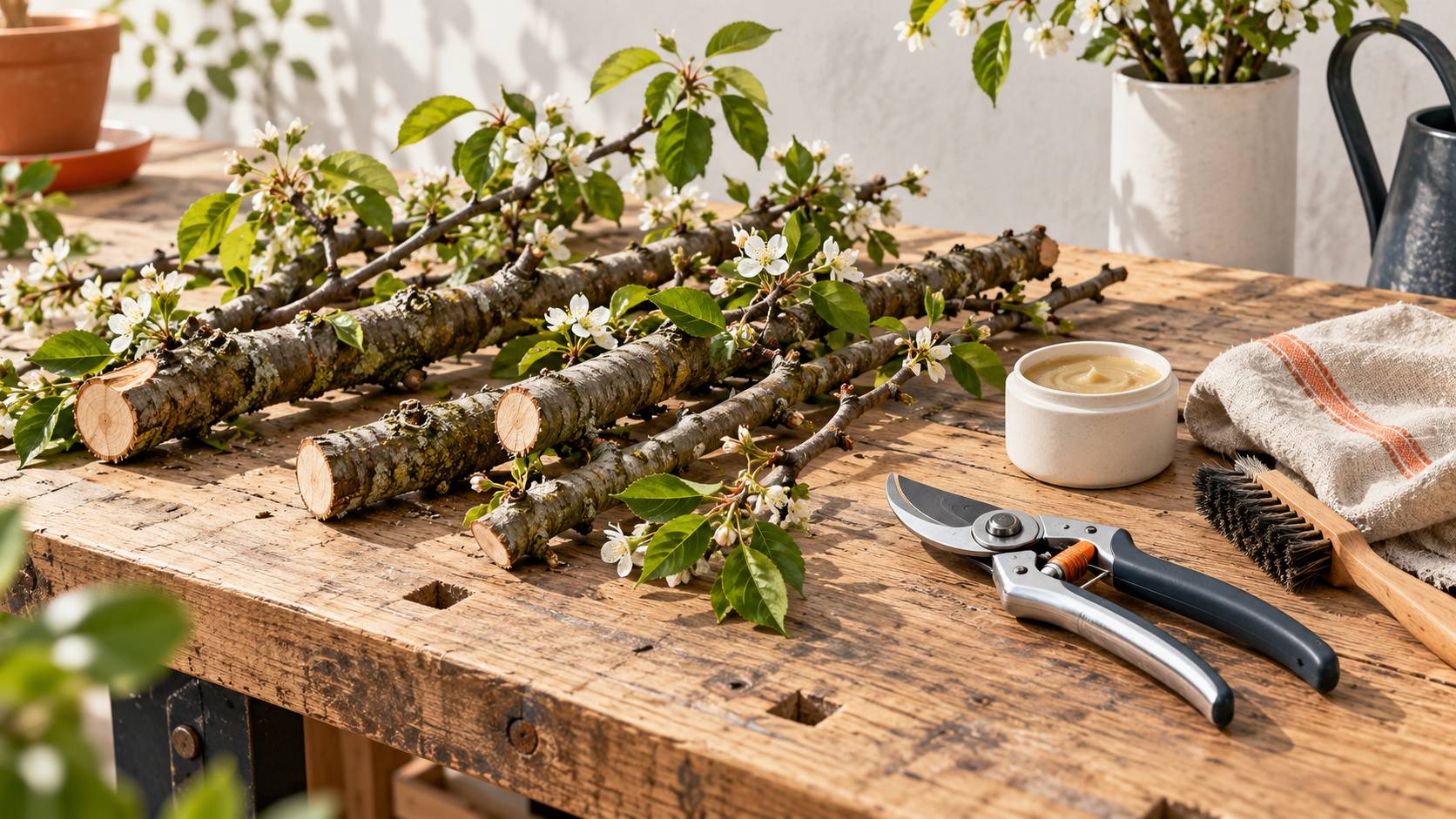 Branches de cerisier coupées, sécateur et mastic sur un établi de jardin
