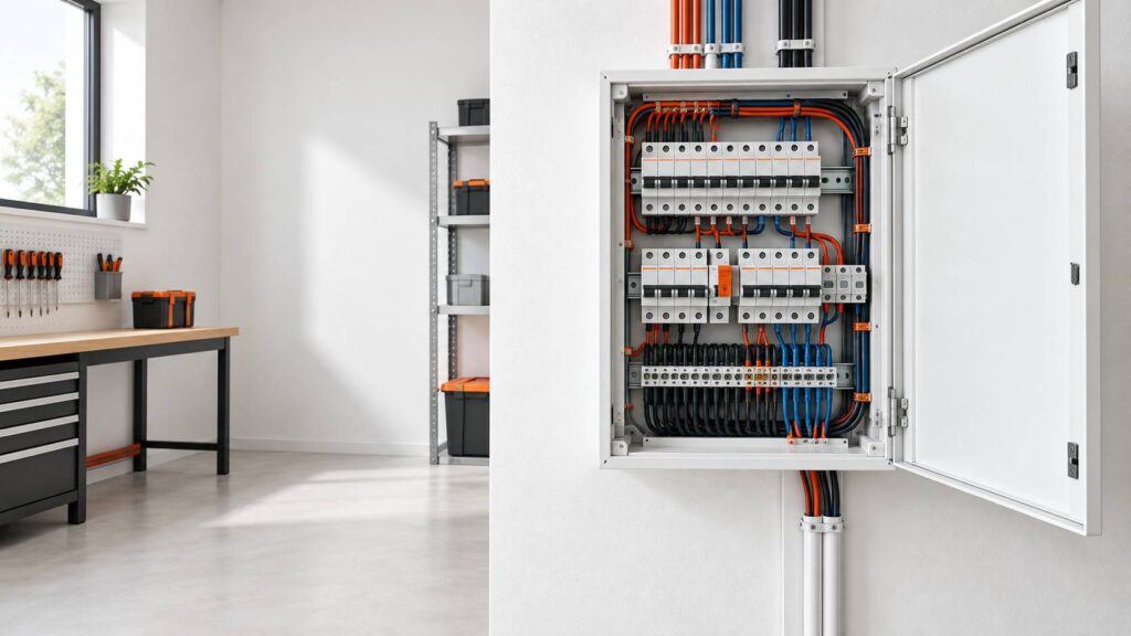 Tableau electrique domestique ouvert avec disjoncteurs et module
