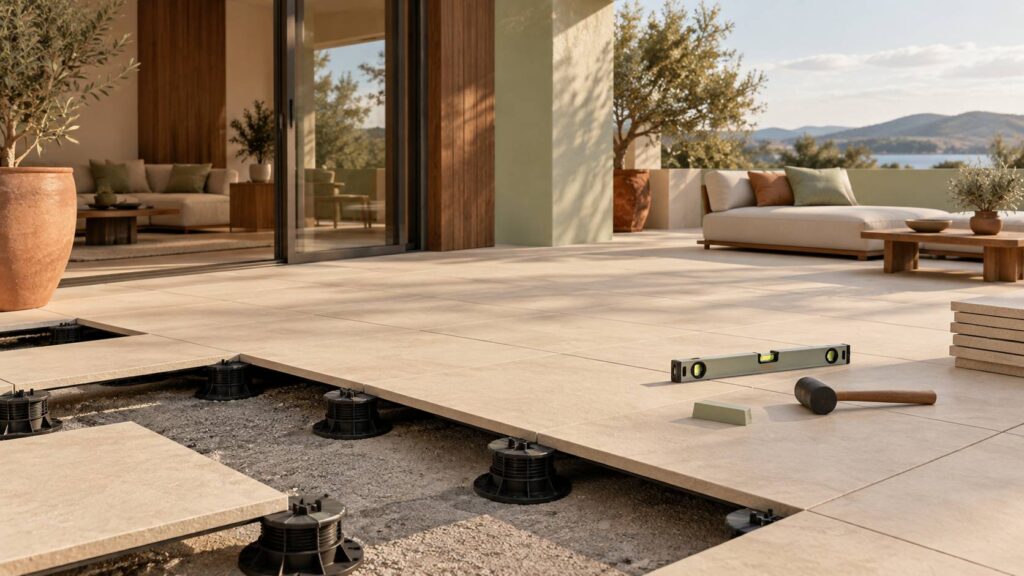 Dalles de terrasse sur plots réglables avec niveau à bulle